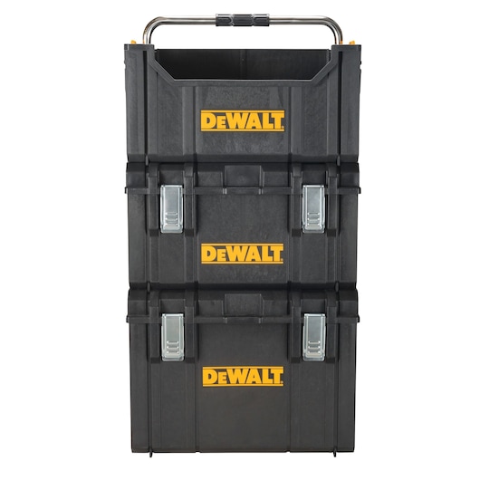 Stacked black DEWALT toolboxes with metal latches and a handle on top, designed for robust storage and portability.