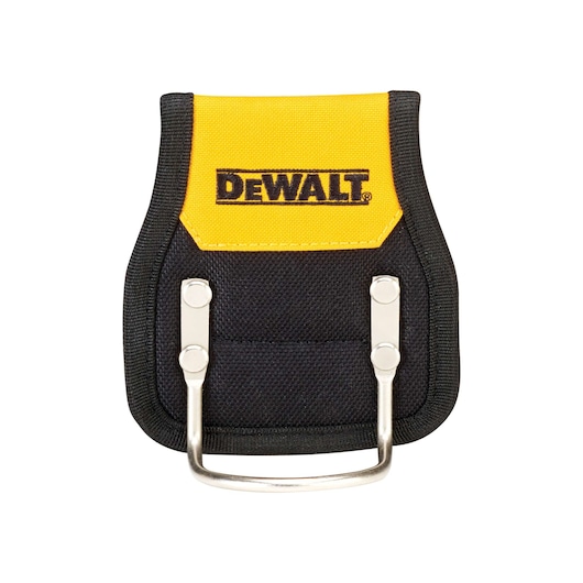A DEWALT black and yellow drill holster with a metal holder, designed for attaching to a belt and carrying a drill or similar tool.