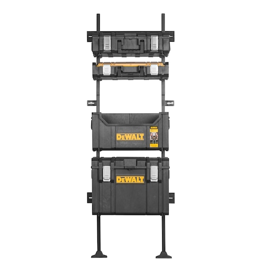 Stacked DEWALT black plastic tool storage boxes mounted vertically on a rack. Each box has the DEWALT logo in yellow and metal latches.
