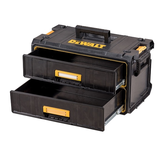 A black DEWALT tool storage box with two sliding drawers, featuring yellow accents and a sturdy handle on top.
