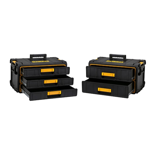 Two DEWALT black tool storage boxes with yellow handles, each featuring multiple pull-out drawers for organized storage. One box has three drawers open, and the other has two drawers open.