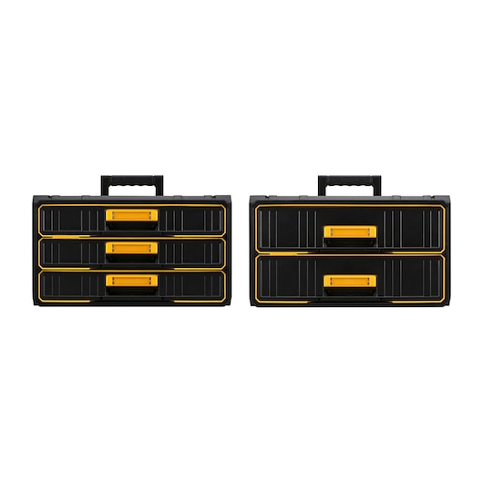 Two DEWALT portable tool storage cases are shown side by side. The case on the left has three drawers with yellow handles, and the case on the right has two drawers with yellow handles. Both cases are black with yellow accents and feature top carry handles.