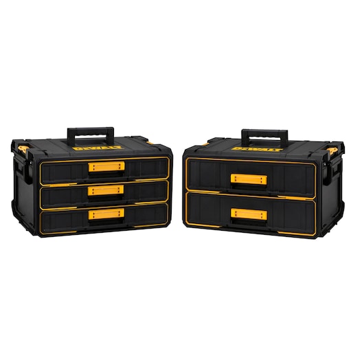 Two DEWALT black and yellow stackable tool storage boxes with sturdy handles and front drawers. The box on the left has three drawers, and the box on the right has two drawers.