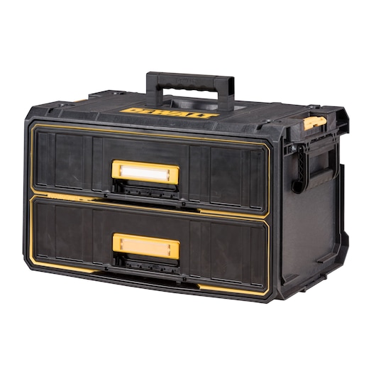 A black DEWALT storage box with two drawers, yellow accents, and a handle on top. The box is made of durable plastic and designed for organizing tools or equipment.