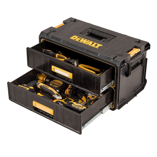 A DEWALT black tool storage box with two open drawers containing various yellow and black DEWALT tools and accessories.