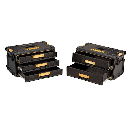 Two DEWALT black tool storage boxes with three pull-out drawers each, shown side by side. One box has all drawers closed, while the other has two drawers open, displaying internal space. Both boxes have yellow handles and branding on the top lid.