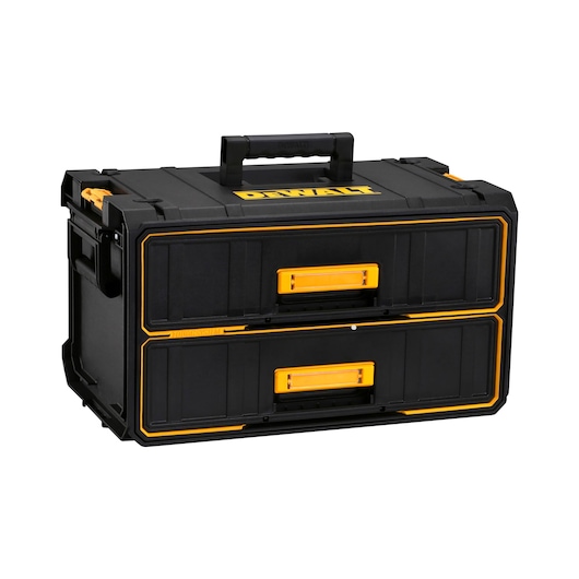A black DEWALT tool storage box with yellow accents, featuring a handle on top and two front drawers for organizing tools.