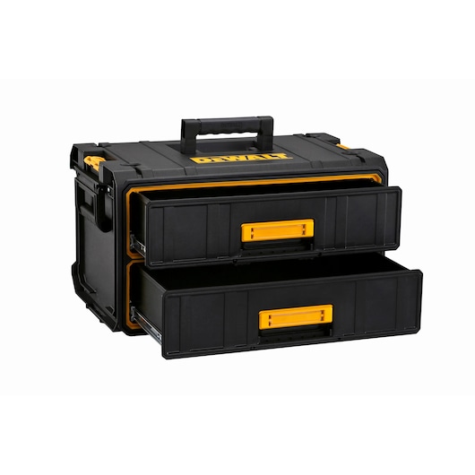 A black DEWALT tool storage box with two sliding drawers, featuring yellow handles and accents. The box has a sturdy handle on top for easy carrying.