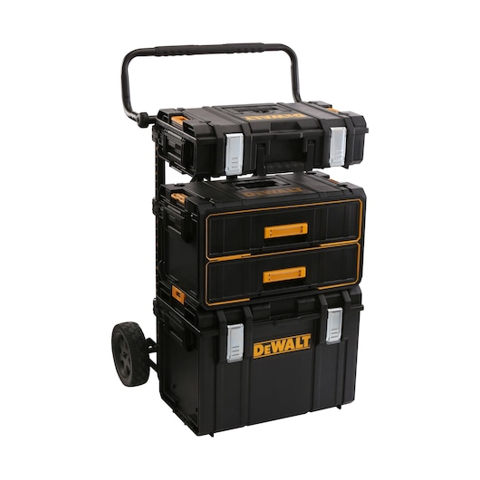 A stack of DEWALT black and yellow portable toolboxes with metal latches, mounted on a wheeled trolley with a handle.