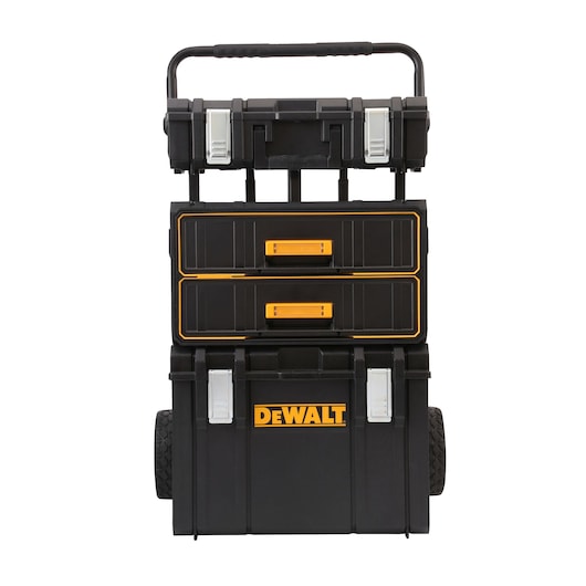 A stackable wheeled tool storage system by DEWALT, featuring three separate black boxes with yellow accents and metal latches, suitable for organizing and transporting tools.