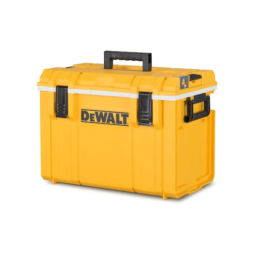 A yellow DEWALT toolbox with a black handle and two black latches on the front, designed for secure storage and transport of tools.