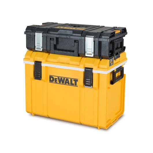A yellow and black DEWALT toolbox with a smaller black case stacked on top, both featuring secure latches and handles, photographed against a white background.