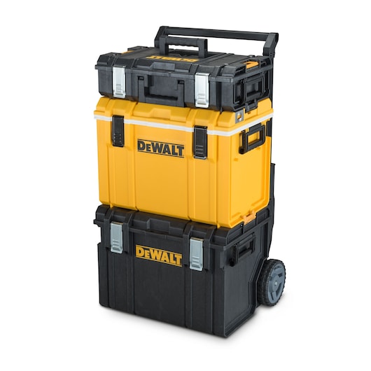 Stacked DEWALT toolboxes in black and yellow, mounted on wheels with a handle for easy transport.