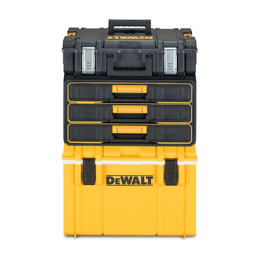 A DEWALT stackable tool storage system featuring a yellow and black large toolbox at the bottom, a middle section with three drawers, and a smaller black toolbox on top.