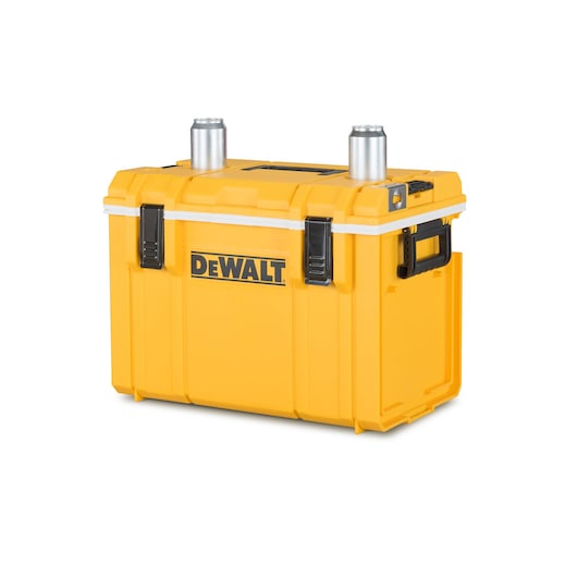 Yellow DEWALT portable storage box with two metal cans placed on top, featuring black handles and latches.