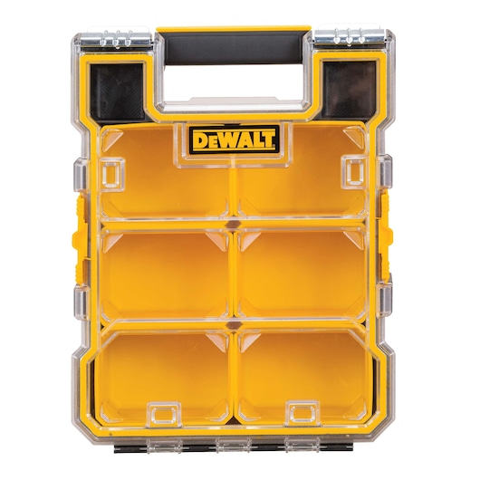 A DEWALT yellow and black plastic organizer box with a handle, featuring eight compartments and a clear lid for storing small items.