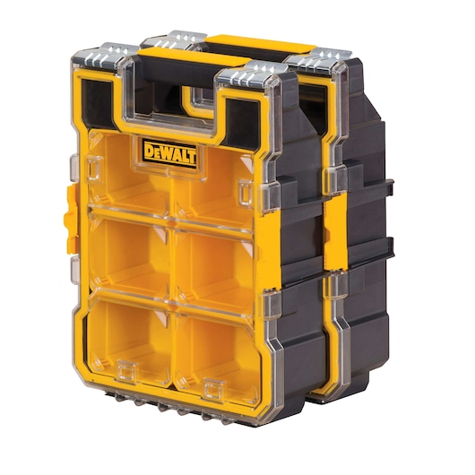 A DEWALT branded, yellow and black plastic compartment organizer with clear lids, featuring multiple storage sections and a sturdy handle on top.