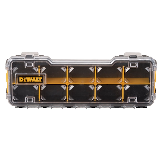 Rectangular DEWALT organizer case with a transparent lid, black and yellow compartments, designed for storing small hardware or accessories.