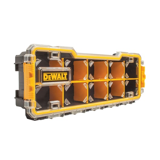 A DEWALT branded yellow and black plastic organizer case with a transparent lid, featuring multiple compartments for storing small items.