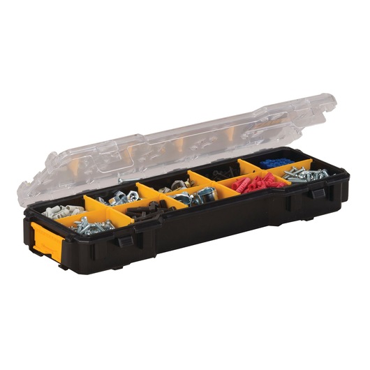 A DEWALT black and yellow plastic organizer box with a transparent lid, containing various screws, nuts, bolts, and small hardware items arranged in separate compartments.