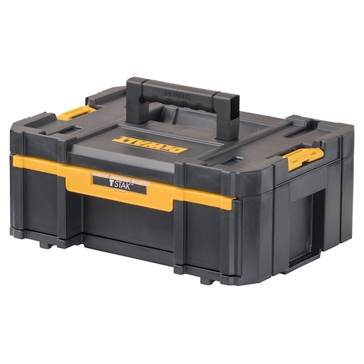 A black and yellow DEWALT TSTAK tool storage box with a sturdy handle on top, used for organizing and carrying tools.