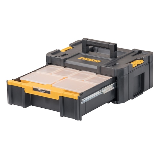 A DEWALT black and yellow portable organizer storage box with a handle on top, featuring a slide-out drawer containing multiple clear plastic compartments.