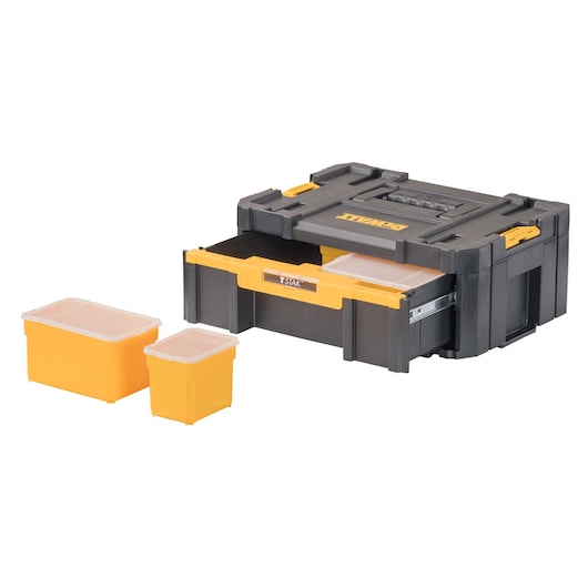A DEWALT black and yellow tool storage box with a pull-out drawer, featuring two yellow storage containers with transparent lids placed beside it.