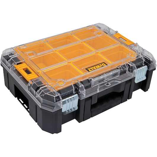 A DEWALT plastic organizer box with a transparent lid and yellow compartments, suitable for storing photography accessories and small tools.