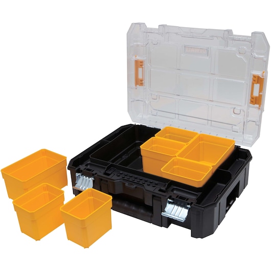 A DEWALT black and yellow plastic tool organizer with a transparent lid, showing removable yellow compartments for storing small items. Three compartments are placed outside the organizer.