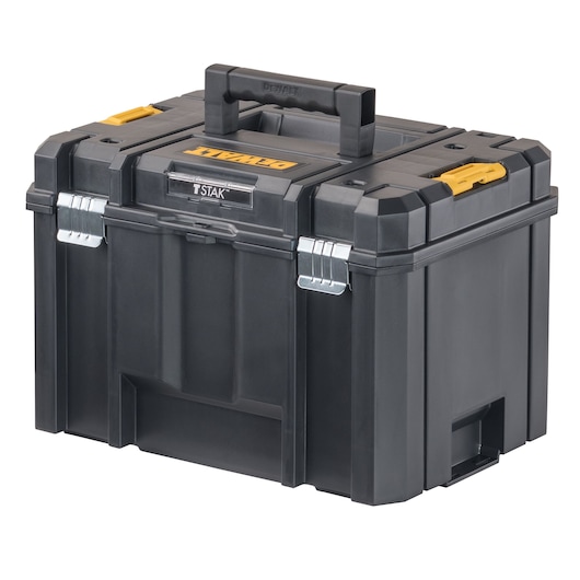A black DEWALT TSTAK toolbox with a handle on top, metal latches, and yellow accents, designed for storing and organizing tools.