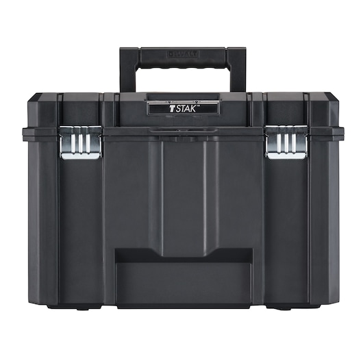 Front view of a DEWALT TSTAK black portable tool storage box with metal latches and a sturdy carrying handle.
