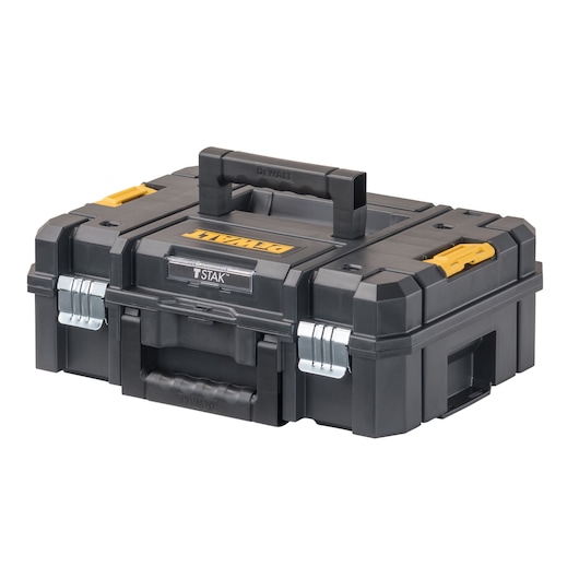 A black DEWALT TSTAK tool box with yellow accents and a sturdy handle, featuring metal latches for secure closure.