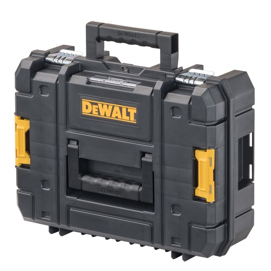 A black and yellow DEWALT branded hard plastic tool storage case with a sturdy handle, metal hinges, and side latches for secure closure.