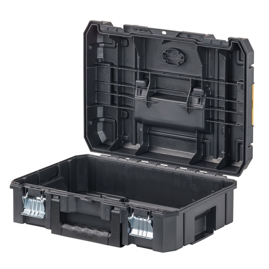 A black plastic tool case with metal latches, shown open and empty. The case has a sturdy handle and reinforced edges.