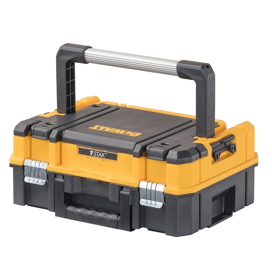 A DEWALT TSTAK yellow and black portable toolbox with a sturdy handle, metal latches, and reinforced corners.