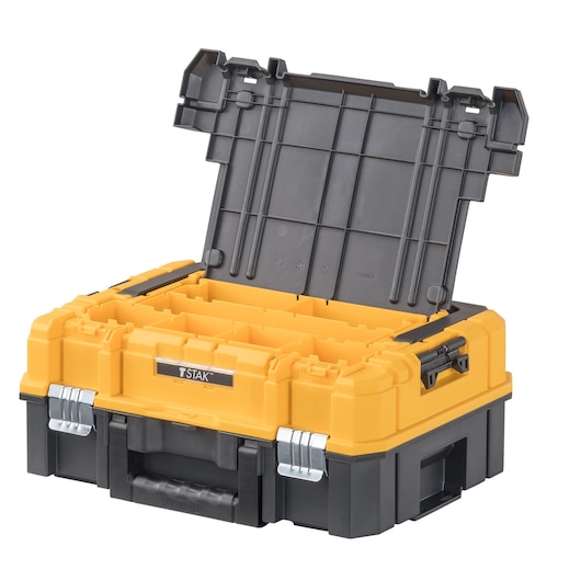 A yellow and black plastic tool storage box with the lid open, showing internal compartments. The box has a carry handle and metal latches, suitable for organizing tools and accessories.