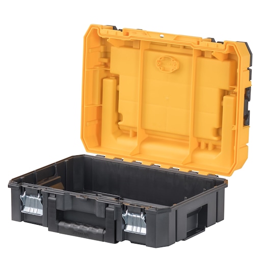 A black and yellow DEWALT plastic toolbox with the lid open, showing the empty main compartment and sturdy metal latches.