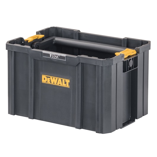 A DEWALT TSTAK deep tool box made of black plastic with yellow latches and a handle, designed for secure storage and transportation of tools.