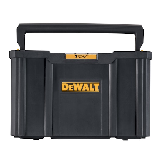 A black DEWALT TSTAK storage box with a large handle, designed for organizing and transporting tools.