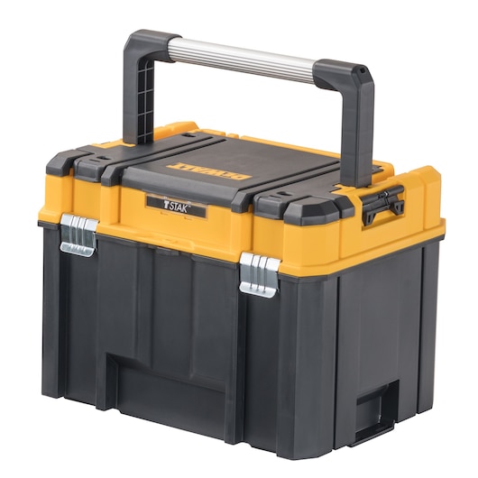 DEWALT TSTAK storage box with a sturdy handle, black and yellow design, featuring metal latches for secure closure. Suitable for organizing and transporting tools.
