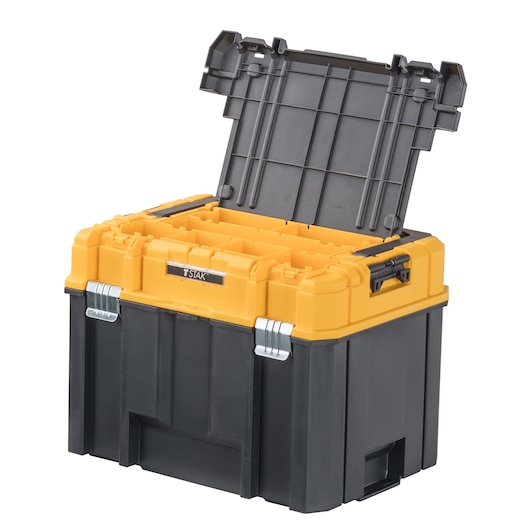 A DEWALT TSTAK storage box with a yellow lid open, revealing compartments inside. The box is black with metal latches and side handles.