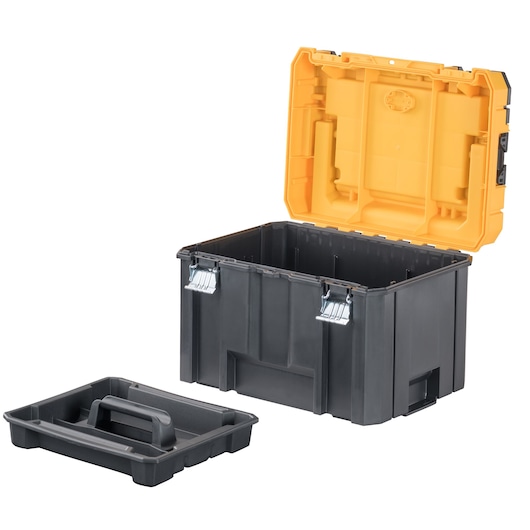 A DEWALT DWST17814 black and yellow plastic toolbox with an open lid and removable tray, photographed against a white background.