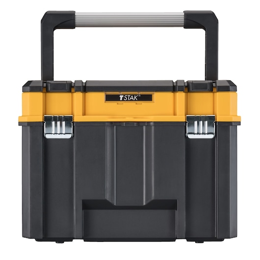 A black and yellow DEWALT TSTAK portable tool storage box with a sturdy handle and metal latch closures, photographed against a white background.