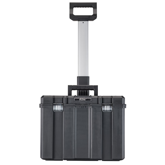 A black rolling tool box with a telescopic handle, shown from the front against a white background.