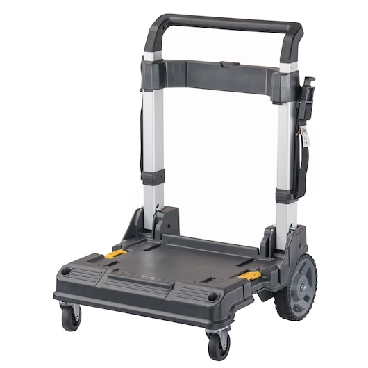 A DEWALT rolling cart with a sturdy handle and platform, designed for transporting heavy items. The cart has two large rear wheels and two smaller front swivel wheels.