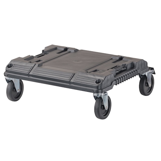 A black DEWALT rolling base platform with four swivel wheels, designed for transporting toolboxes or heavy equipment.