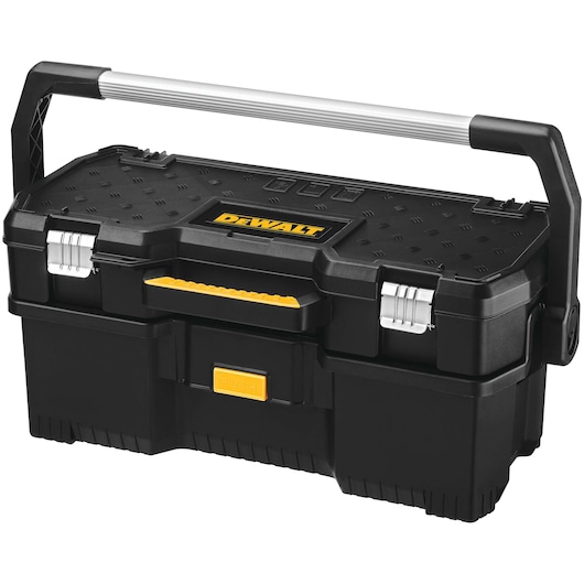 A DEWALT black and yellow plastic toolbox with a metal handle, secure latches, and a push-button lock on the front.