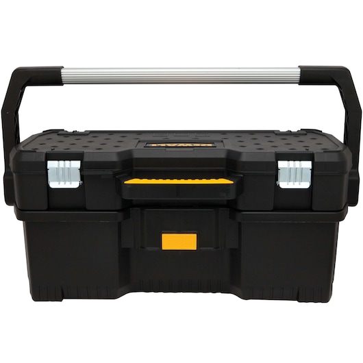 A black DEWALT tool box with a large silver and black handle, yellow latch, and metal clasps on the lid.