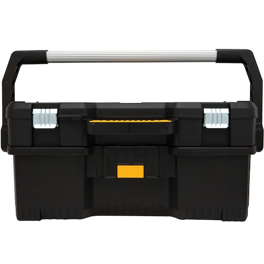 A black DEWALT toolbox with a metal handle and two silver latches on the front. The toolbox features a yellow push button and a sturdy design for storing and carrying tools.