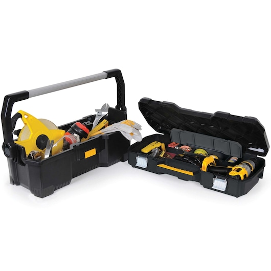 Two black and yellow DEWALT toolboxes are shown. The left toolbox has a large handle and is filled with various tools and gloves, while the right toolbox is open, displaying assorted hand tools and accessories neatly organized inside.